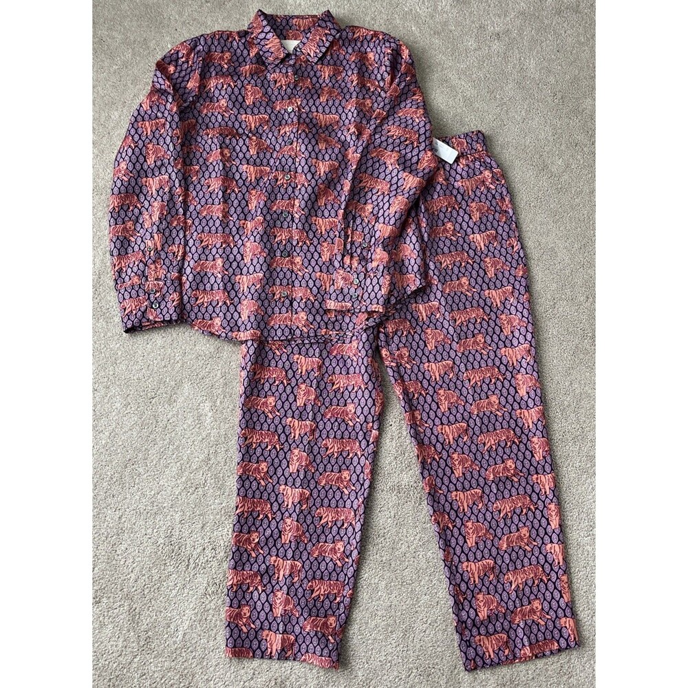J Crew Collection Set 100% Silk Womens 10 Roaming Tiger Button Top Pull On Pant